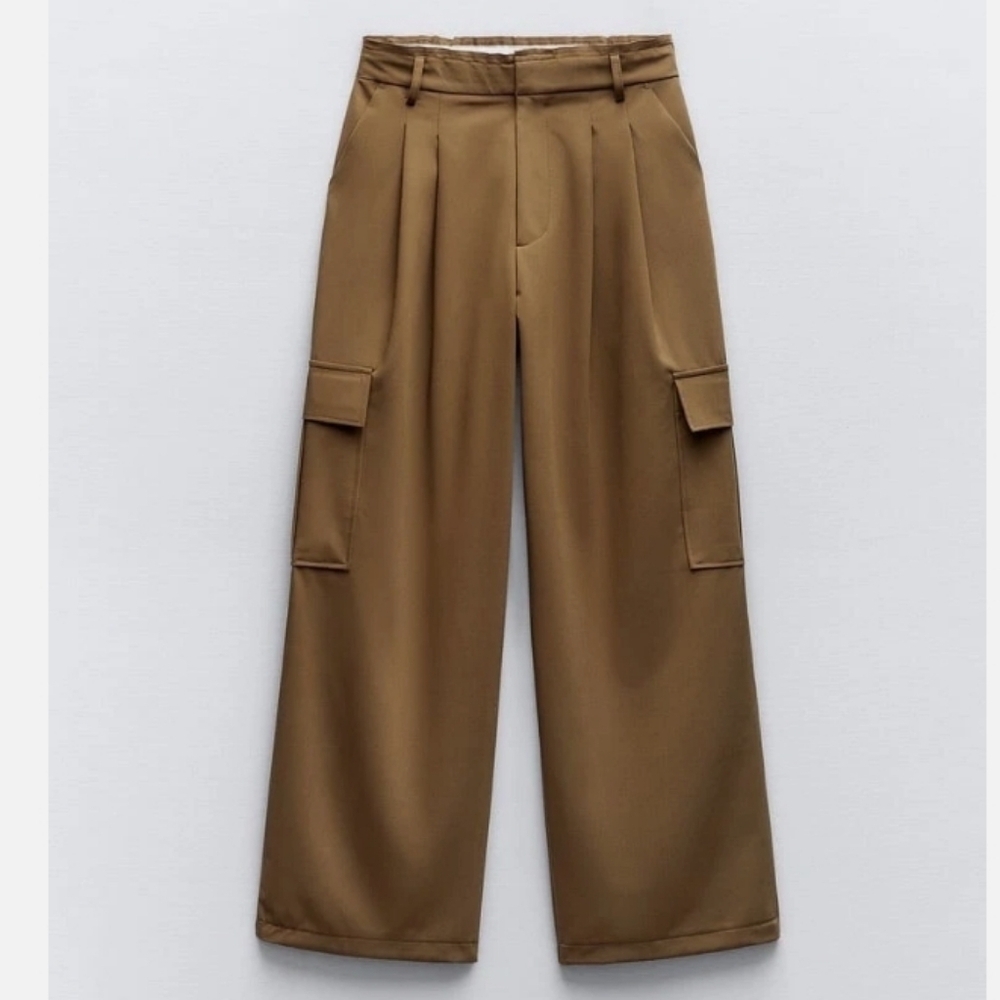 NWT Zara Cargo Trousers Elastic Waist Drawcord Hem Wide Leg High Rise Brown XS
